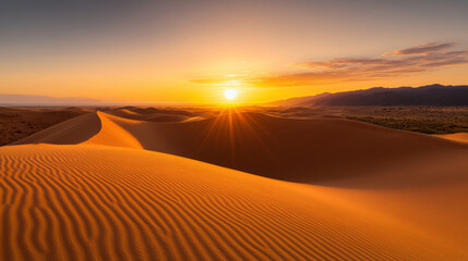 Endless desert dunes bathed in warm sunset glow create serene atmosphere