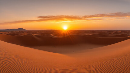 Endless desert dunes bathed in warm sunset glow create serene atmosphere