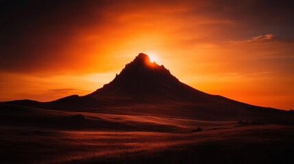 Majestic mountain silhouette against fiery orange sunset, creating breathtaking view