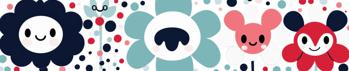 Obraz premium A vibrant pattern displays joyful flowers and adorable animal characters in playful colors, creating an engaging backdrop perfect for children's themes or art projects