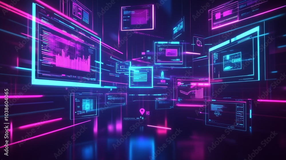 Poster Virtual Reality Data Screens and Graphs with Neon Blue and Pink Cyberpunk Style : Generative AI