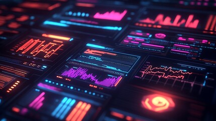 Obraz premium Abstract Data Interfaces With Pink And Blue Graphics For Analytics And Trend Display : Generative AI