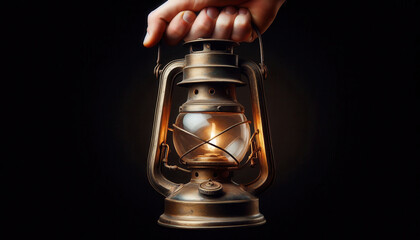hand holding an old lantern in a dark environment