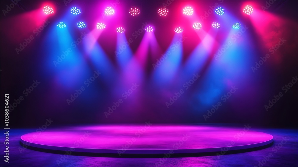 Poster a moody, empty stage scene with a dark, abstract background. neon lights cast a soft glow, creating 