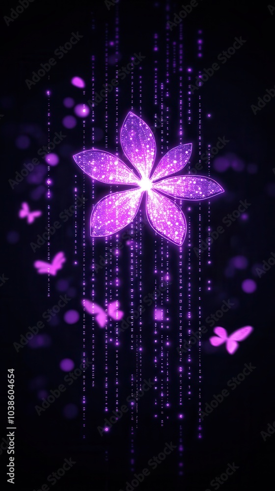 Sticker Abstract Purple Flower with Binary Code Background.