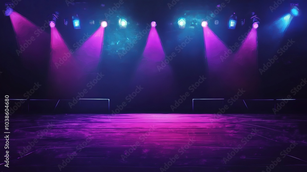 Poster a moody, empty stage scene with a dark, abstract background. neon lights cast a soft glow, creating 