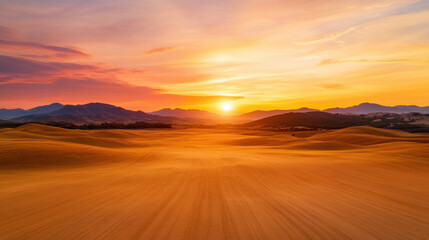 Breathtaking sunset over rolling hills and golden sand dunes