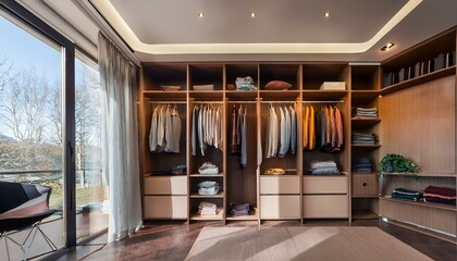 Modern wardrobe with clothes in stylish interior
