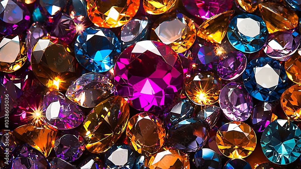 Poster vivid and brilliant array of colorful precious stones and gemstones in assorted shapes : generative 