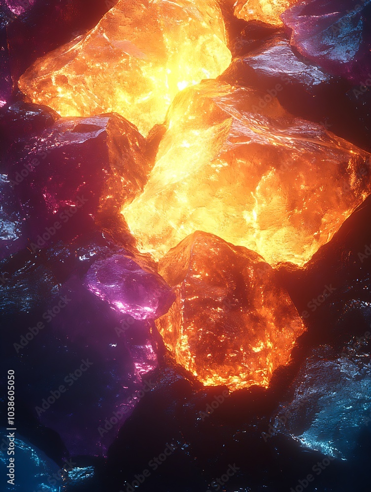 Poster glowing stones of orange and purple create a captivating light display : generative ai