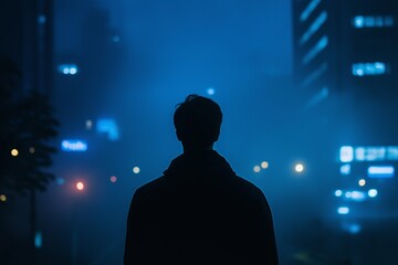 A lone silhouette stands against a foggy cityscape illuminated by city lights in a nocturnal atmosphere.