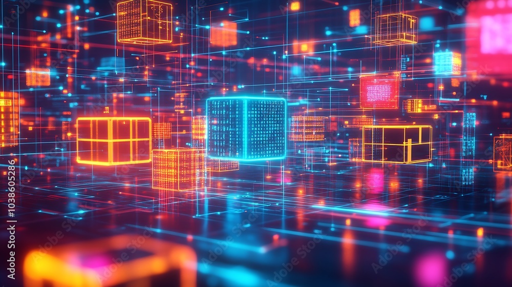 Poster Digital Blockchain Network with Glowing Cubes on Dark Background : Generative AI