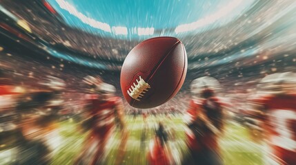 Dynamic American Football Flying Towards Camera in Stadium