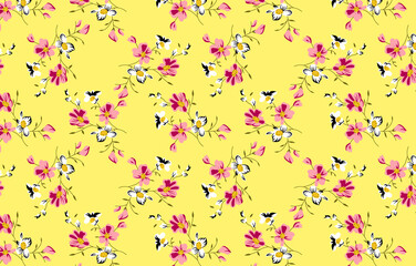 Pink roses on yellow background Seamless floral pattern Small flowers pattern