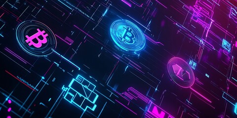 Tech Matrix with Bitcoin and Cryptocurrency Symbols in Neon Colors : Generative AI