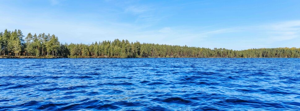 A calm blue lake stretches out toward a forested shoreline under a bright blue sky. The rippling water contrasts with the distant green trees, creating a serene natural landscape.