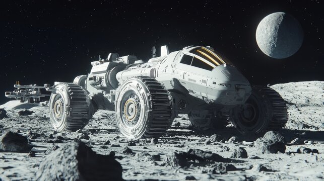 Futuristic Sci-Fi Spaceship Exploration on Alien Moon with Rovers and Drones Conducting Research - Ultra-Detailed Ray Tracing Illustration