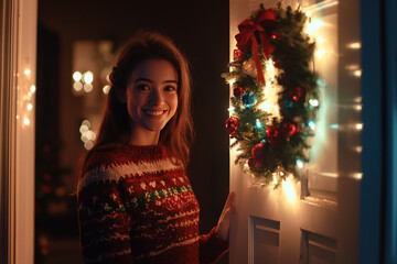 A young woman opening her house front door decorated with Christmas wreath and inviting guests 