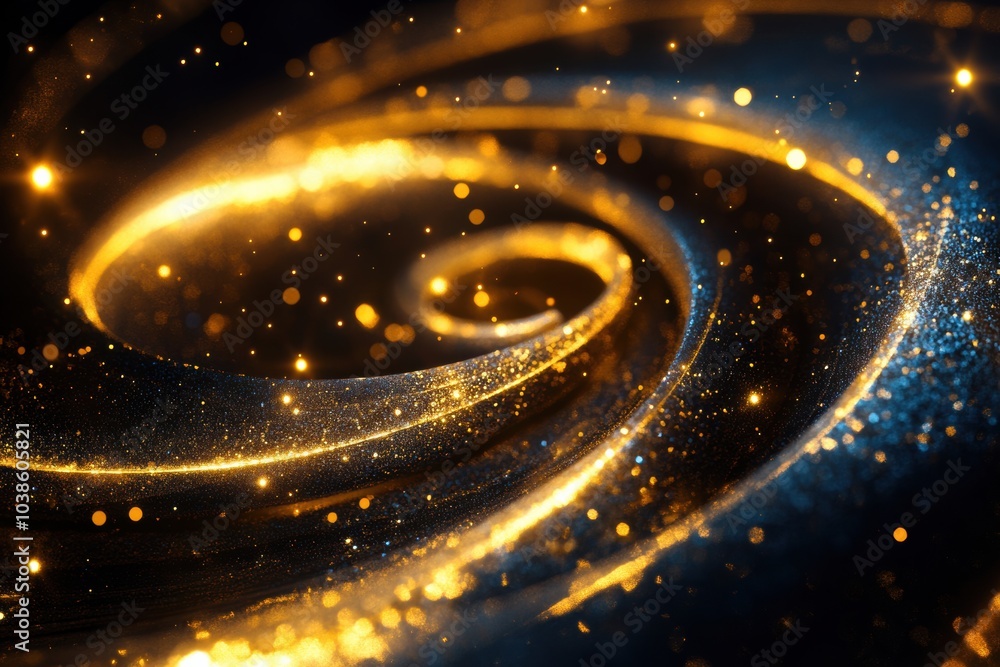 Aufkleber golden spirals and stars elegantly intertwine on a dark canvas, embodying an enchanting abstract rep