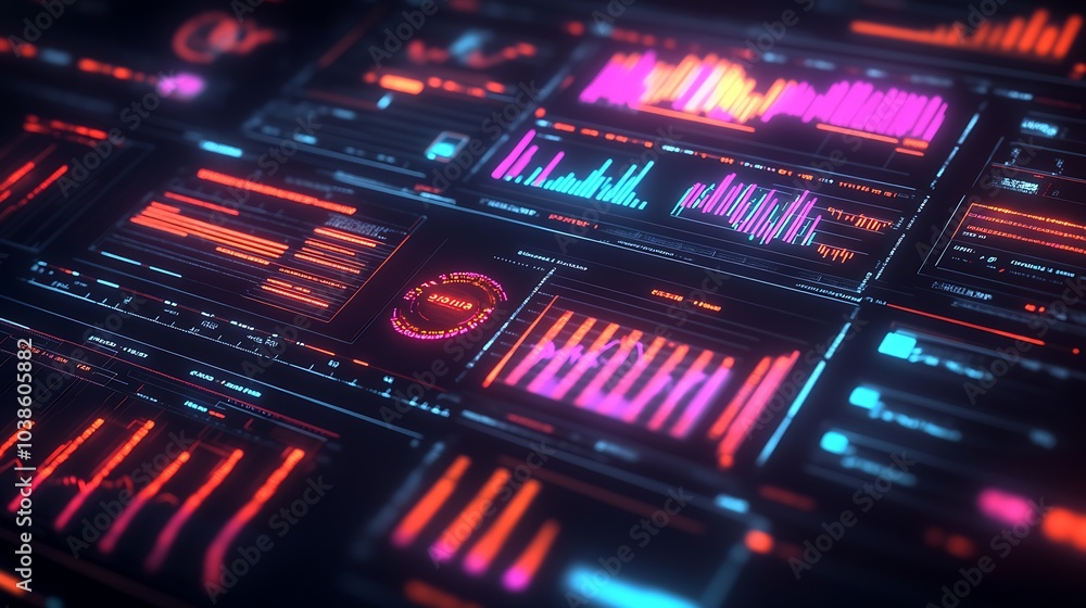 Poster Advanced Data Visualization Panels With Neon Colors Displaying Market Trends And Analytics : Generative AI