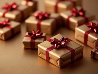 Obraz premium Holiday gift wrapping with gold paper and red bows, warm and cheerful atmosphere, flat design illustration