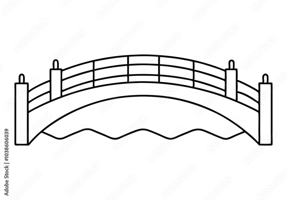 Poster one line drawing of a bridge over a river – minimal landscape vector