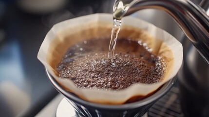 A close-up shot of coffee grounds in a pour-over dripper, with water being poured slowly from a gooseneck kettle, highlighting the bloom and extraction process in detail