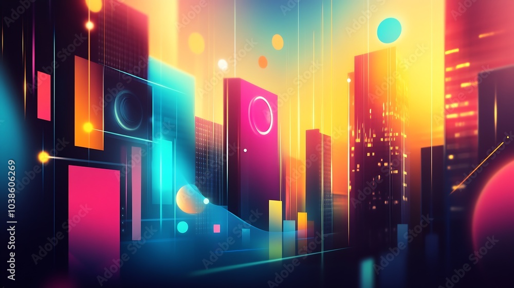 Poster vibrant urban skyline with abstract neon structures at sunset in a modern digital world : generative