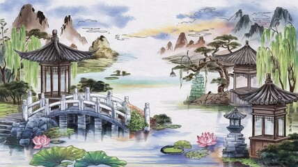 Fototapeta premium Charming watercolor illustration of a traditional Asian garden with pagodas and a stone bridge