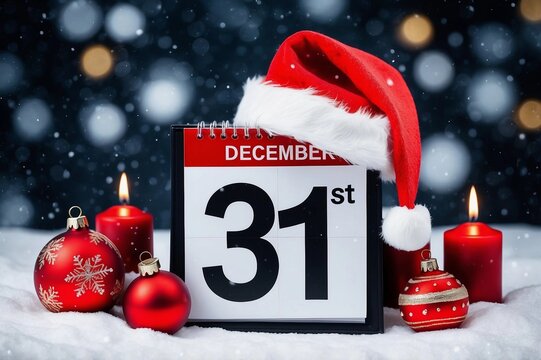 a calendar with the date December 31st ,with a Santa hat and surrounded by lit candles, red Christmas ornaments, and falling snow