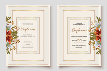 WEDDING INVITATION FRAME WITH FLOWER DECORATIONS AND FRESH LEAVES 