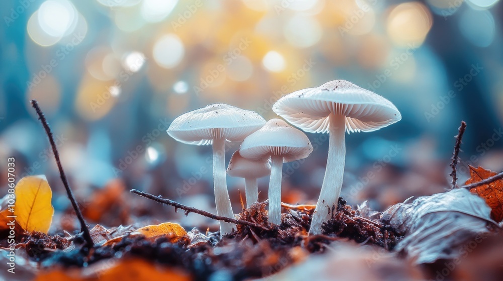 Poster ethereal mushrooms with soft background bokeh effect