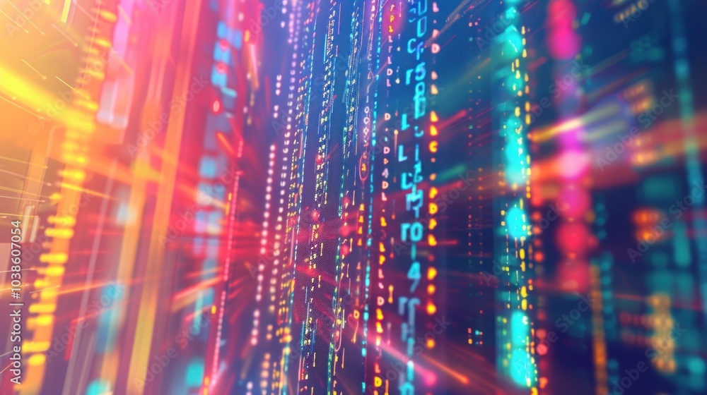 Poster abstract digital art with colorful lights and code