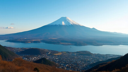 Majestic Mount Fuji rising gracefully above serene waters and picturesque landscapes in Japan,...