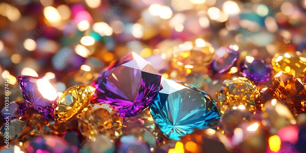 Aufkleber closeup of vibrant multicolored gemstones with bokeh reflections : generative ai