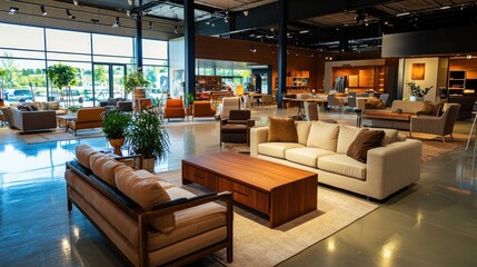 Fototapeta premium A spacious furniture store showroom with various pieces of living room, bedroom, and office furniture on display.