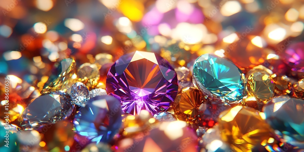 Poster mesmerizing gemstone cluster with rich colorful bokeh highlights : generative ai