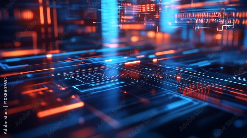 Poster abstract digital network with neon blue and orange tracks : generative ai