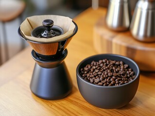 A close-up shot of a DIY coffee brewing kit with a hand grinder, a pour-over setup, and organic coffee beans, perfect for someone wanting to grind and brew their own coffee from scratch