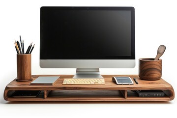 Fototapeta premium A clean work desk with a desktop monitor, a notepad, and a pen holder isolated on white
