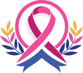 Pink Ribbon Symbol of Hope: A pink ribbon symbol with blue and purple accents, surrounded by two blue and yellow laurel wreaths, symbolizes hope and support for breast cancer awareness and research.