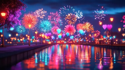 New Year 2025, fireworks shining in the night sky, casting colorful reflections on a calm lake, flat design illustration