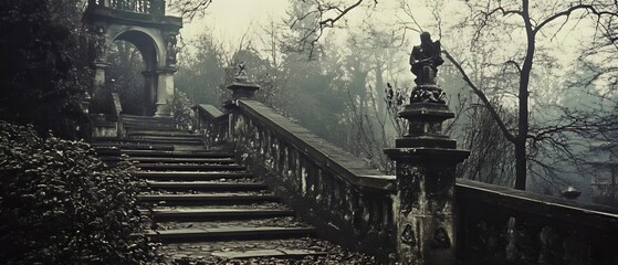 Fototapeta premium Mysterious Abandoned Staircase Foggy Pathway Overgrown Nature