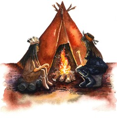watercolor illustration of Indians sitting near a campfire and a tent in national clothes. Native Americans resting. Indian settlement © Helen Pitt