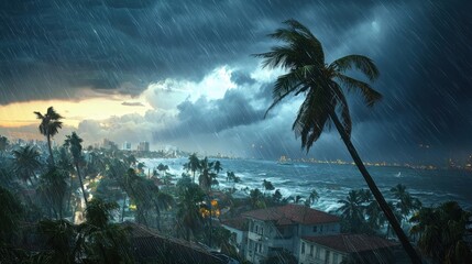 Stormy Tropical Hurricane Over Coastal Town with Palm Trees
