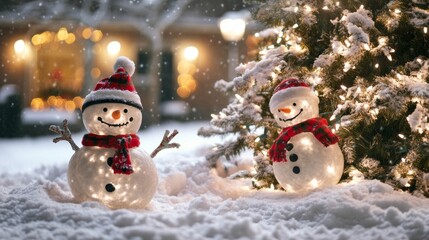 Obraz premium A snowy Christmas Eve with twinkling lights on the tree and friendly snowmen.