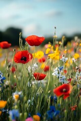 Fototapeta premium Vibrant Colorful Wildflower Field Bright Spring Blooms Sunshine Nature Beauty
