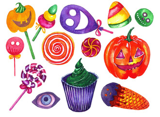 Halloween background. watercolor Halloween treats, candies, cupcakes, lollipops,cakes. trick-or-treat