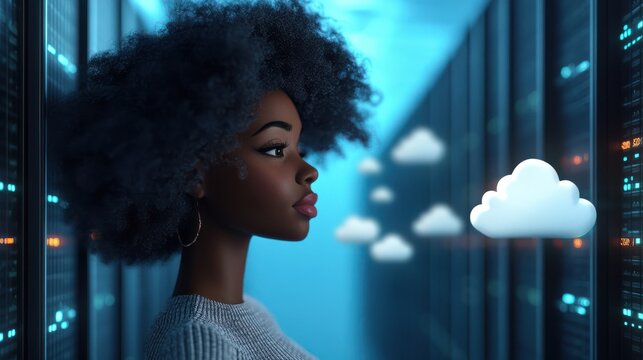 3D illustration of Coco, African American woman, with cloud computing server for data storage and processing, blogging, website, and mobile app, modern concept