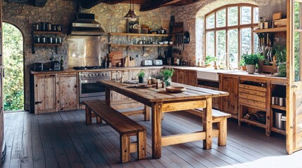 A rustic kitchen with wooden furniture, including a farmhouse table and benches, creating a cozy atmosphere.